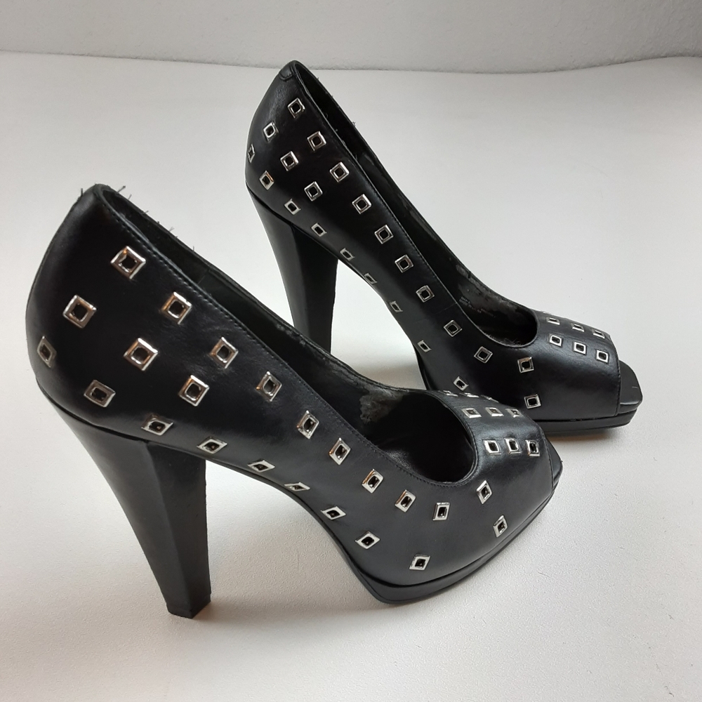 BCB Girls Peep Toe Black Leather Heels